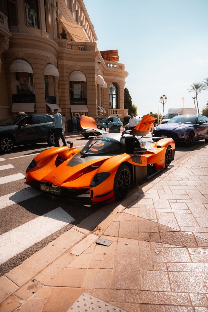 The Adamastor Furia with its doors open outside the Hôtel de Paris, Monte Carlo